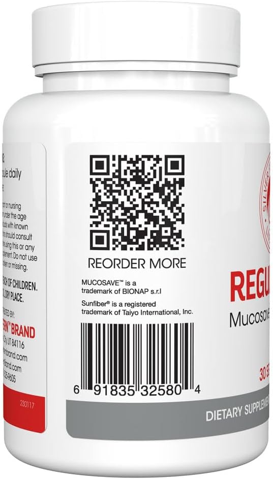 Silver Fern Brand Regularity Digestive Supplement - 1 Bottle = 30 Capsules = 30 Day Supply - Mucosave FG (Prickly Pear Polysaccharides & Olive Leaf Polyphenols) & SunFiber