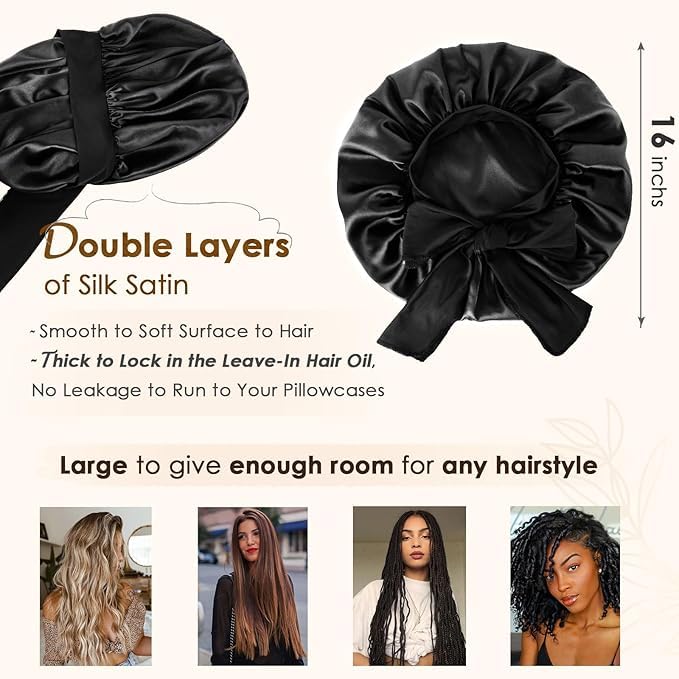 Silk Sleeping Bonnet for Women | Double Layer Satin Lined | Curly Hair, Black