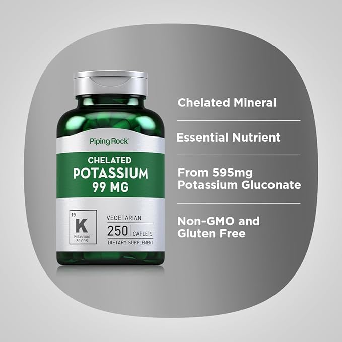 Piping Rock Chelated Potassium Supplement 99 mg | 250 Caplets | Potassium Gluconate | Vegetarian, Non-GMO, Gluten Free