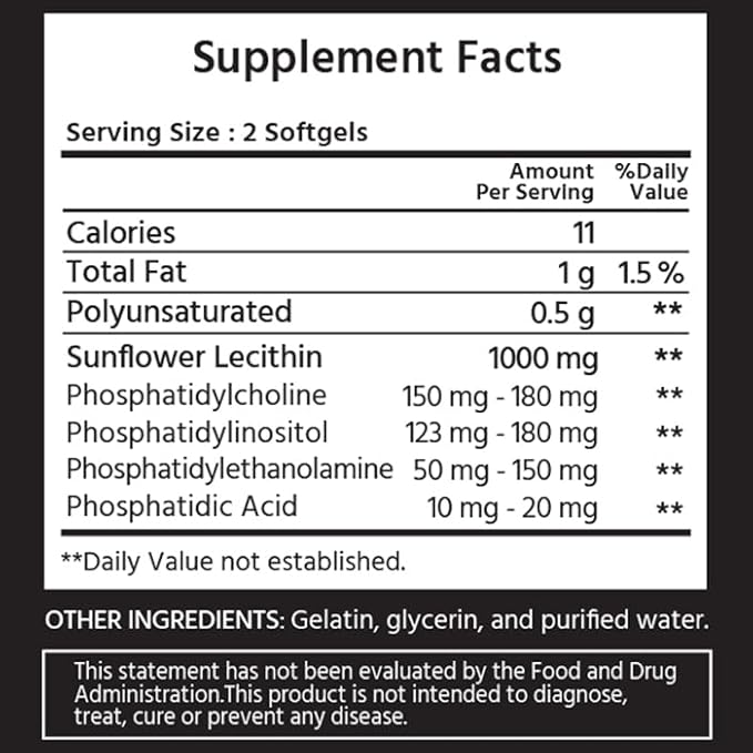 Mini Sunflower Lecithin 120 Softgels. Phosphatidylcholine, Phosphatidylinositol, Phosphatidylthanolamine, Phosphatidic Acid. Supports Brain Health.