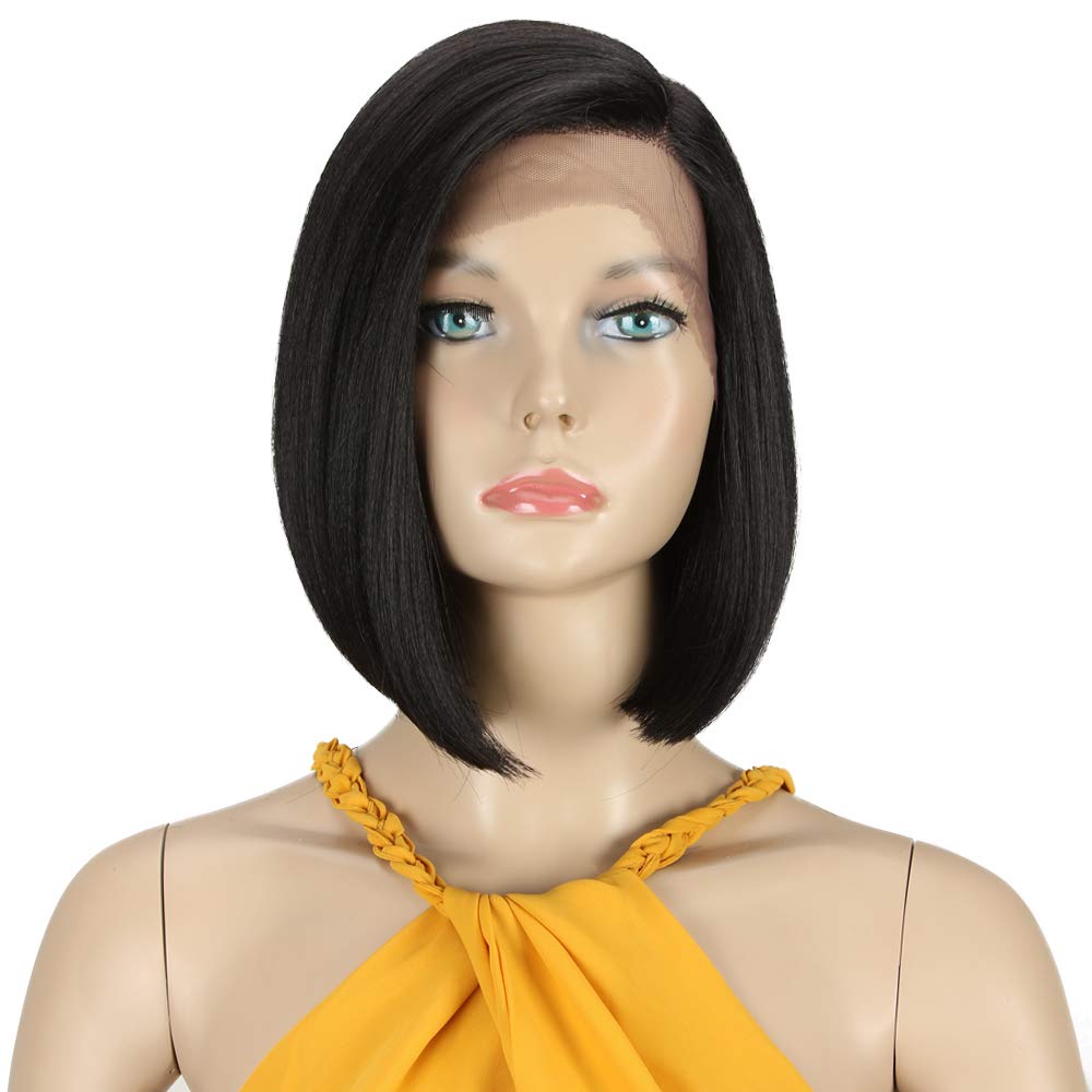 D  But Synthetic Lace Front Wigs For Women, Hd Lace Side Part Straight Bob Wig, Short Black Bob Heat Resistant Fibers 1B Color A