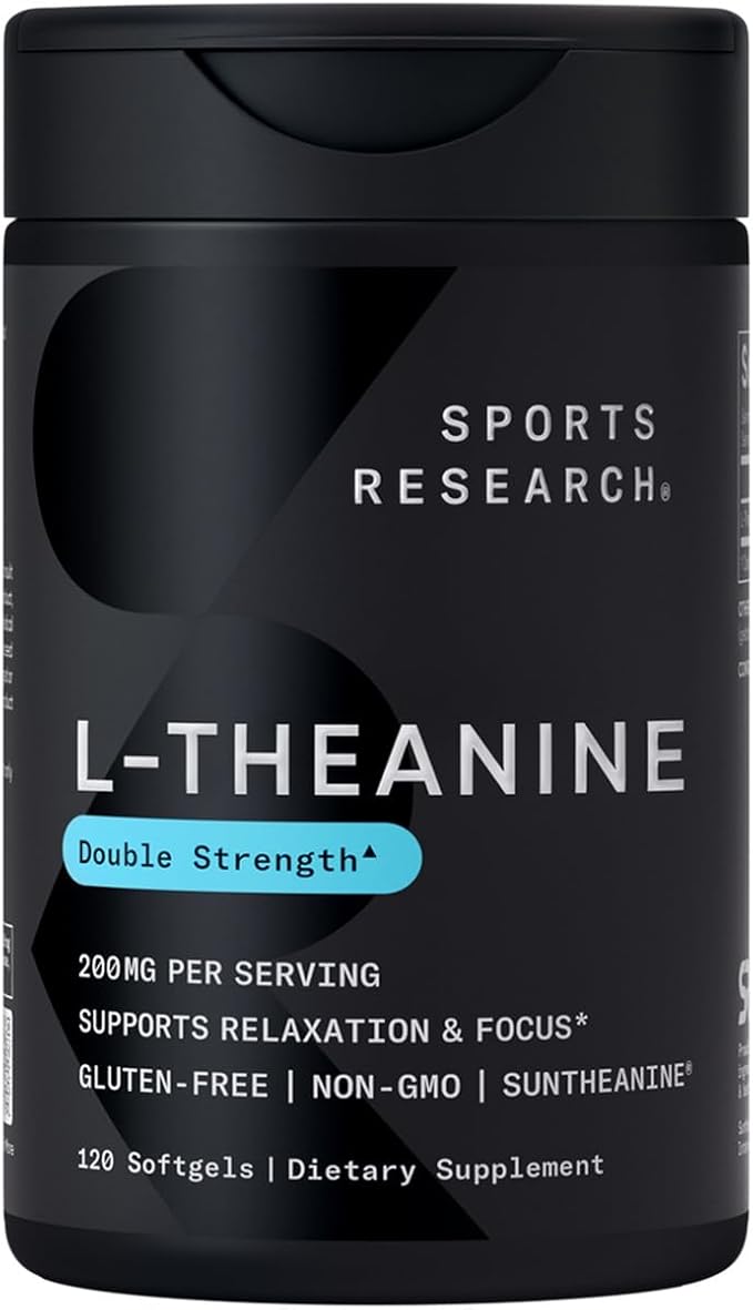 Sports Research L-Theanine 200mg with Organic Coconut Oil | Suntheanine Supplement for Focus, Relaxation & Alertness | Double Strength, Non-GMO & Gluten Free