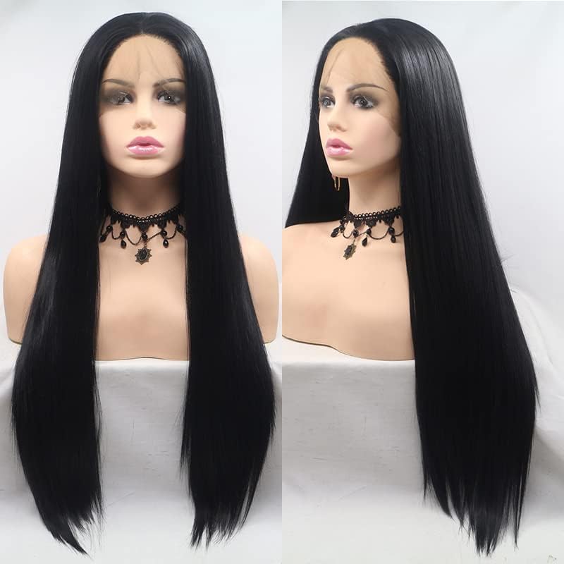 Xiweiya Long Straight Black Synthetic Lace Front Wig Soft Silky Black Wig Heat Resistant Fiber Half Hand Tied Hair Replacement F