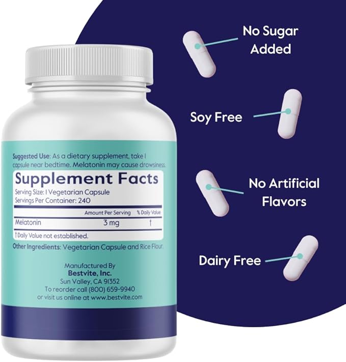 BESTVITE Melatonin 3mg (480 Vegetarian Capsules) (240 x 2) (Value Pack) - No Crospovidone - No Dextrose - No Dicalcium Phosphate - No Stearates - Vegan - Non GMO - Gluten Free