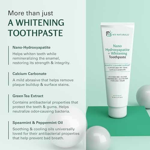 M3 Naturals Fluoride Free Nano Hydroxyapatite Toothpaste, Remineralizing & Whitening Formula for Sensitive Teeth, Promotes Healthy Gums and Fresh Breath, 4.23 OZ (120 G) 3 Pack