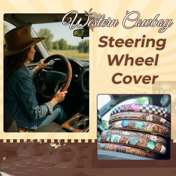 Western Steering Wheel Cover, Color Printed Embossed Hand-Painted Leather Western car Parts, for Women Man, Anti-Slip Design Easy to Install, for Trucks SUVs Cars (Style 5)