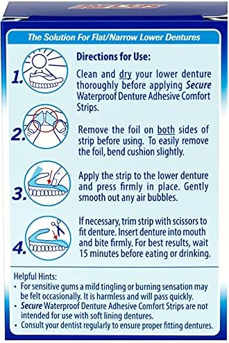 Secure Denture Adhesive Strips - Zinc Free - Waterproof - Comfortable Cushion Fit for Uppers & Lowers - Extra Firm All-Day-Hold - No Mess - Clean Ingredients - 30 Strips (2 Pack)