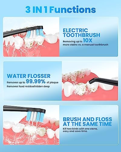 Electric Toothbrush with Water flosser, 3 in 1 Teeth Cleaning Kit with 7 Modes, Electric Toothbrush and flosser Combofor Adults, Water Flosser Portable for Travel and Home (Black)
