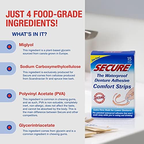 Secure Denture Adhesive Strips - Zinc Free - Waterproof - Comfortable Cushion Fit for Uppers & Lowers - Extra Firm All-Day-Hold - No Mess - Clean Ingredients - 30 Strips (2 Pack)