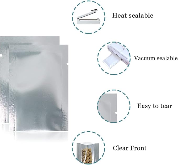 Silver Aluminum Foil Pouch Heat Seal Front Window Plastic Mini Open Top Flat Vacuum Packaging Mylar Bag Food Small Sample Mylar Storage with Tear Notch (200, 12x17cm (4.7x6.7 inch))