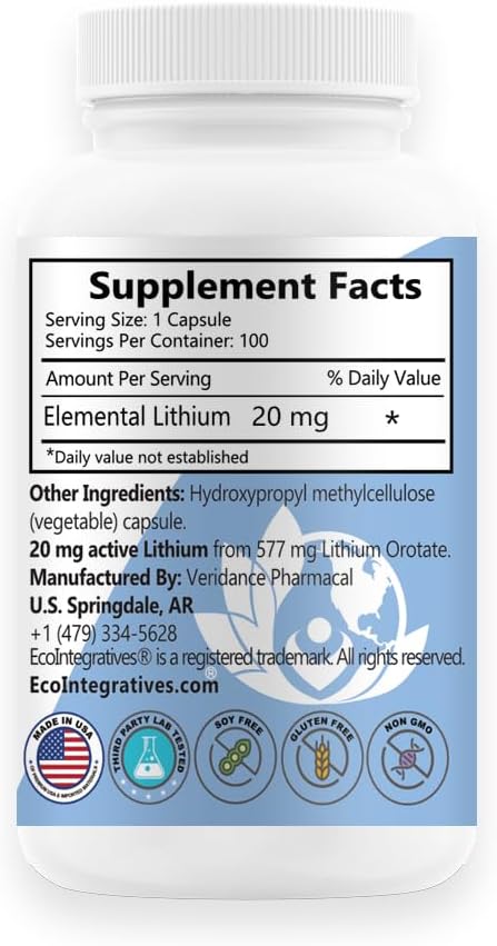 Lithium Oro 20 mg, Supports Healthy Mood Emotional Wellness, Behavior, and Memory. Bioavailable, 100 Caps (Elemental Lithium Orotate)