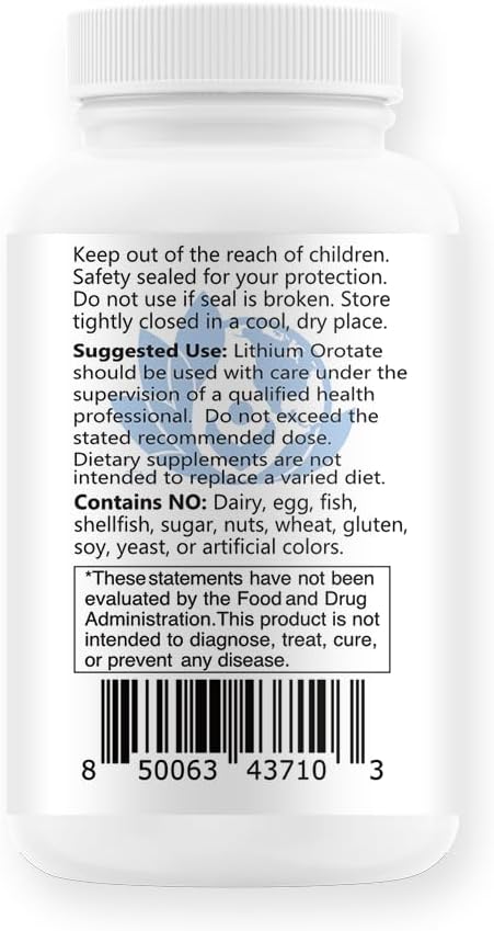 Lithium Oro 20 mg, Supports Healthy Mood Emotional Wellness, Behavior, and Memory. Bioavailable, 100 Caps (Elemental Lithium Orotate)