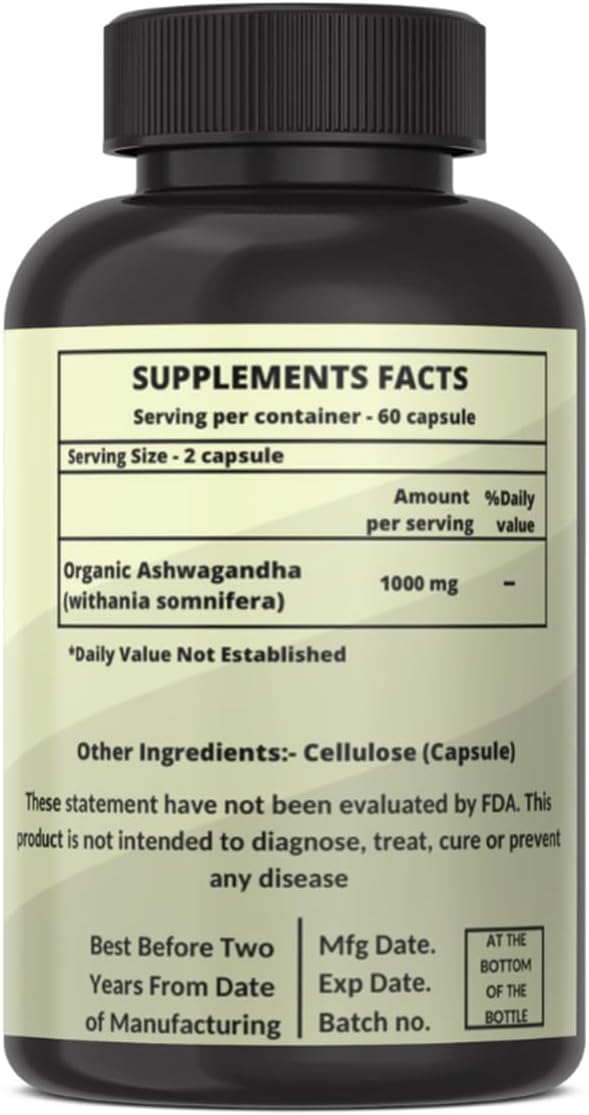 Organic AshwagandhaCapsules Pure Organic Ashwagandha Powder and Root Extract - Stress Relief, Mood Enhancer (Pack of 120 Capsule)