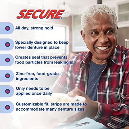 Secure Denture Adhesive Strips - Zinc Free - Waterproof - Comfortable Cushion Fit for Uppers & Lowers - Extra Firm All-Day-Hold - No Mess - Clean Ingredients - 30 Strips (2 Pack)