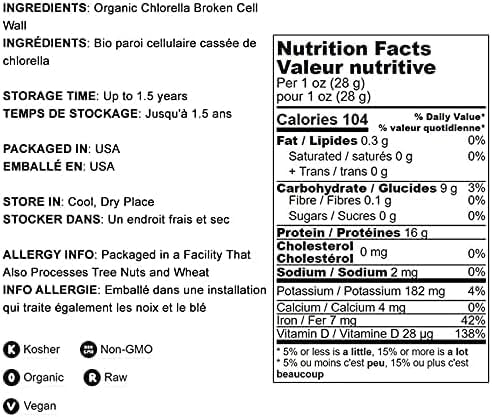 Food to Live Organic Chlorella Powder, 4 Ounces — Non-GMO, Kosher, Raw Green Algae, Vegan Superfood, Bulk, Pure Vegan Green Protein, Rich in Vitamins and Minerals, Great for Drinks, Broken Cell Wall