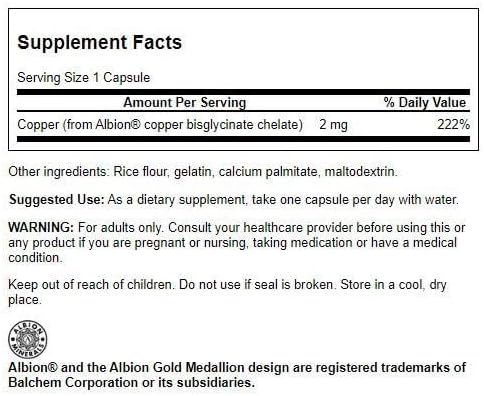 Swanson Albion Chelated Copper 2 Milligrams 60 Capsules