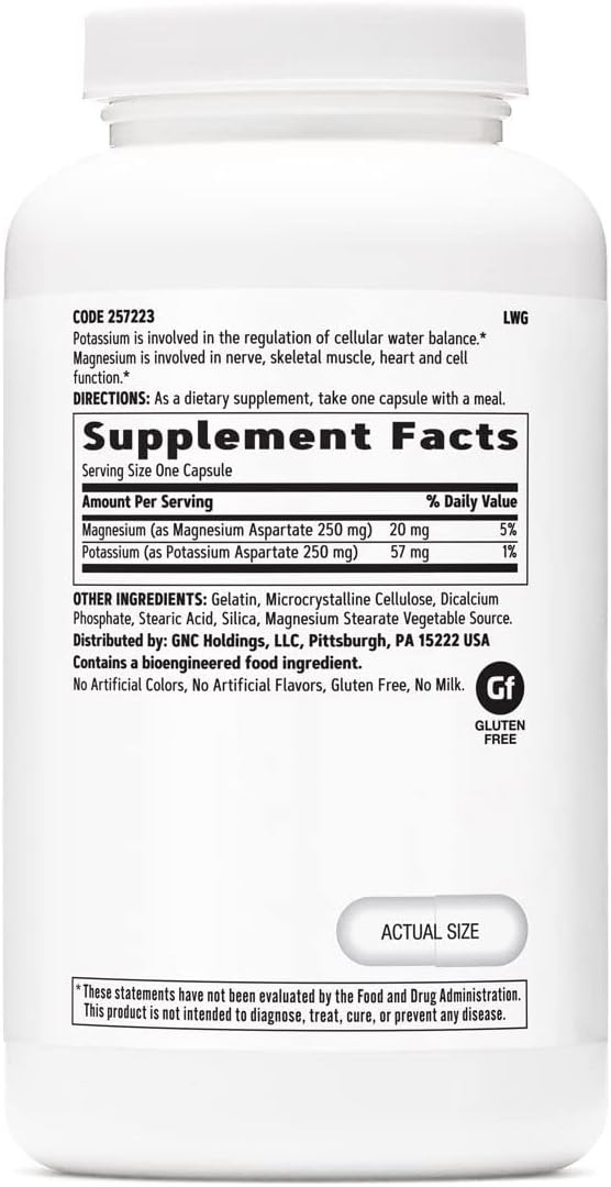 GNC Potassium and Magnesium Aspartate 250mg Supplement, Helps Regulate Water Balance, 240 Servings