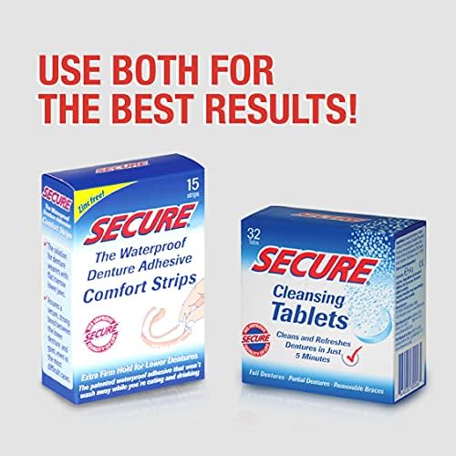 Secure Denture Adhesive Strips - Zinc Free - Waterproof - Comfortable Cushion Fit for Uppers & Lowers - Extra Firm All-Day-Hold - No Mess - Clean Ingredients - 30 Strips (2 Pack)