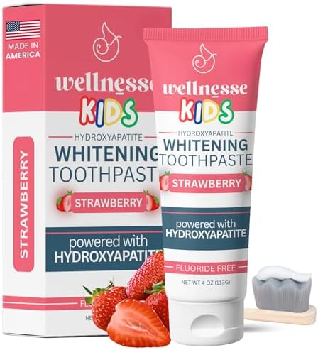 Wellnesse Kids Hydroxyapatite Toothpaste with Xylitol - Fluoride Free Toddler & Kid's Natural Toothpaste, Freshens Breath, Sensory-Friendly Oral Care, Vegan, Strawberry Flavor, 4 oz (Pack of 1)