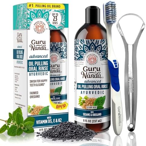 GuruNanda Advanced Oil Pulling Mouthwash for Enhanced Oral Care with Sesame & Oregano Oil, Promotes Deep Cleaning for Healthy Teeth & Gums, Alcohol-Free, 8 Oz