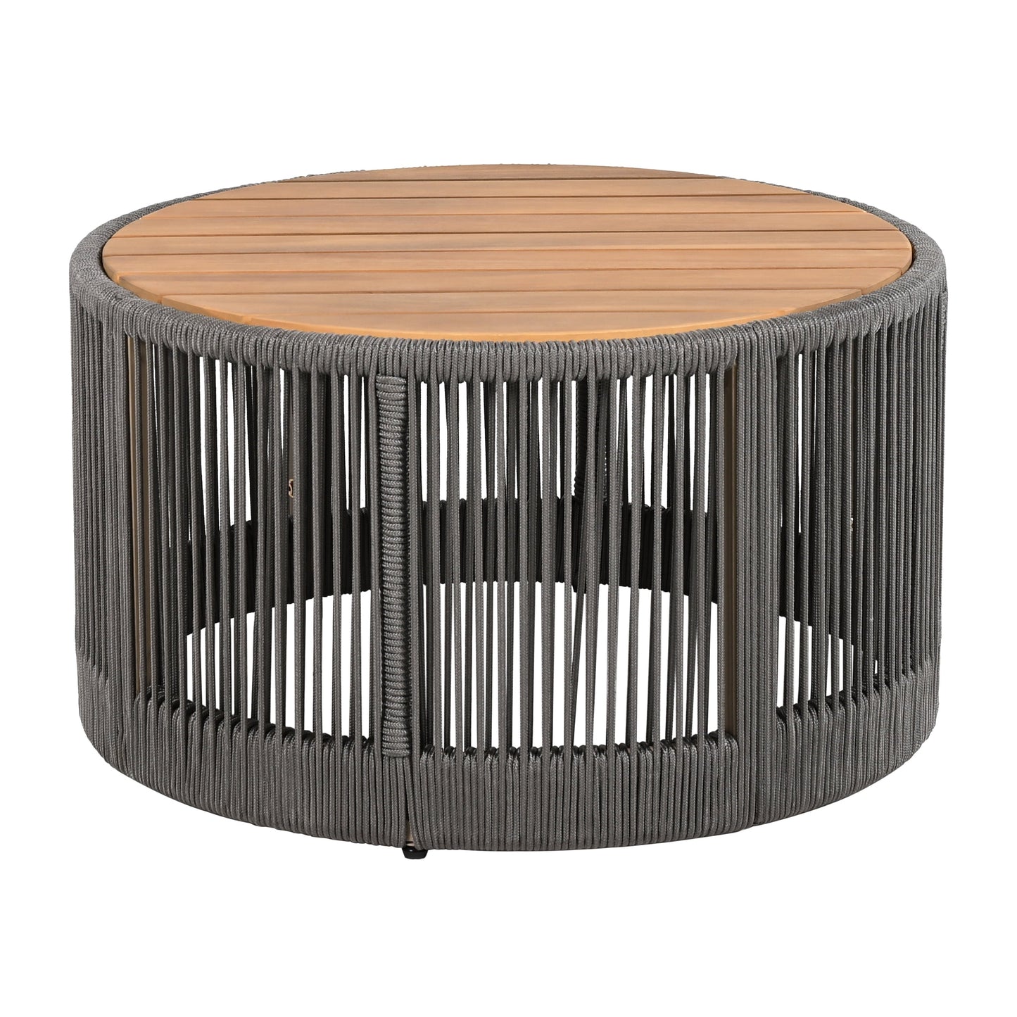 26" Round Acacia Wood Coffee Table with Grey Rope Accents, Rustic Outdoor Patio Table for Garden & Balcony