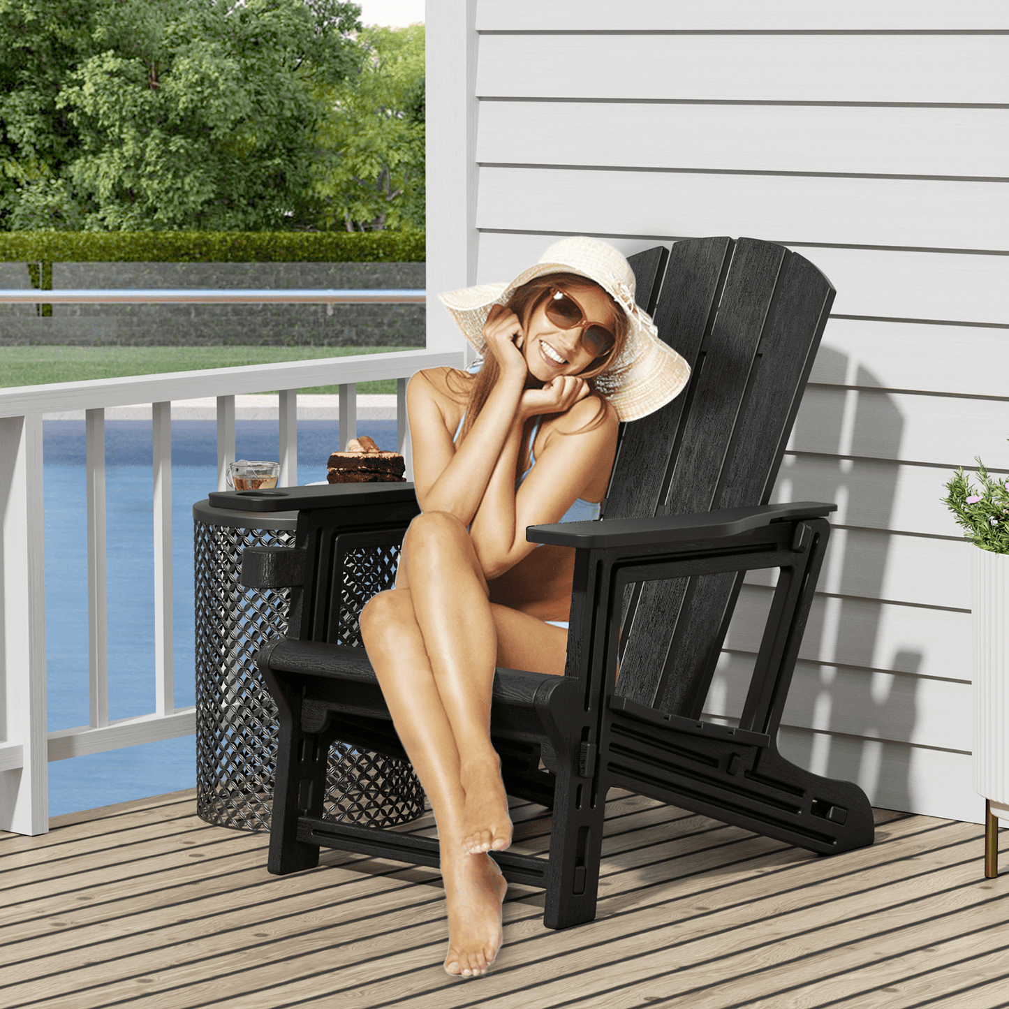 Chiccushion Adirondack Chair with Cup Holder, HDPE All-Weather Patio Chairs for Poolside, Backyard, Deck, Fire Pit, Black