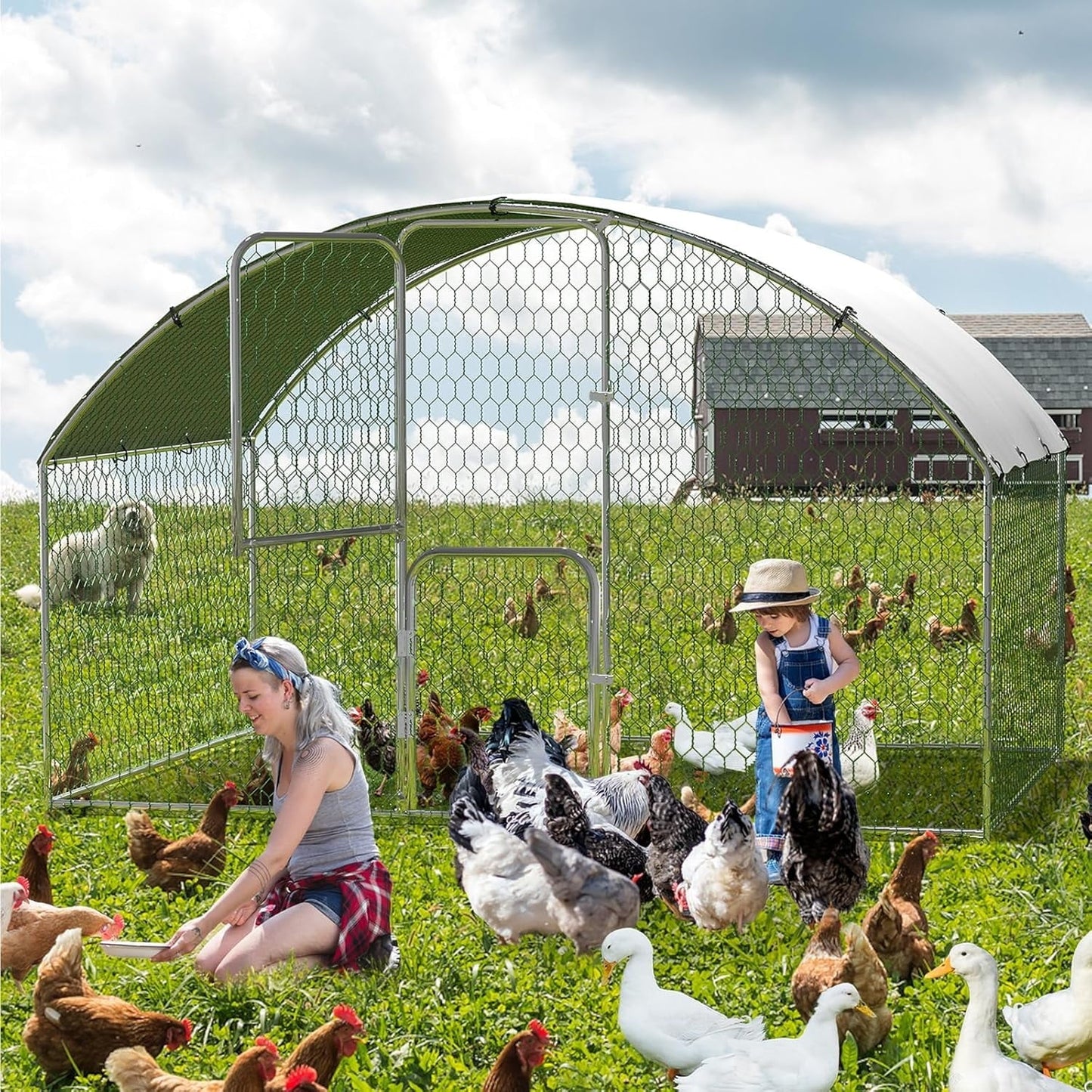 Pinypikaka Metal Chicken Coop, 9.8' x 6.5' x 6.5' Large Chicken Coop with Double Door & Waterproof Cover, Walk-in Poultry Cage with Run, Doom Roof Duck Rabbit House for Outdoor Backyard Farm