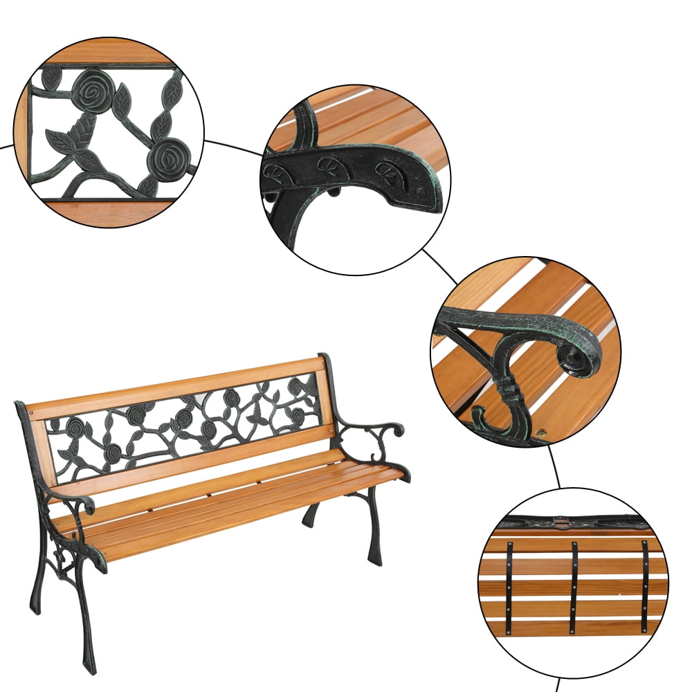 Funnil 49.5" Outdoor Garden Hardwood Bench Seats for Patio Park, Rose Style Outdoor Courtyard Decoration Park Leisure Cast Iron Bench