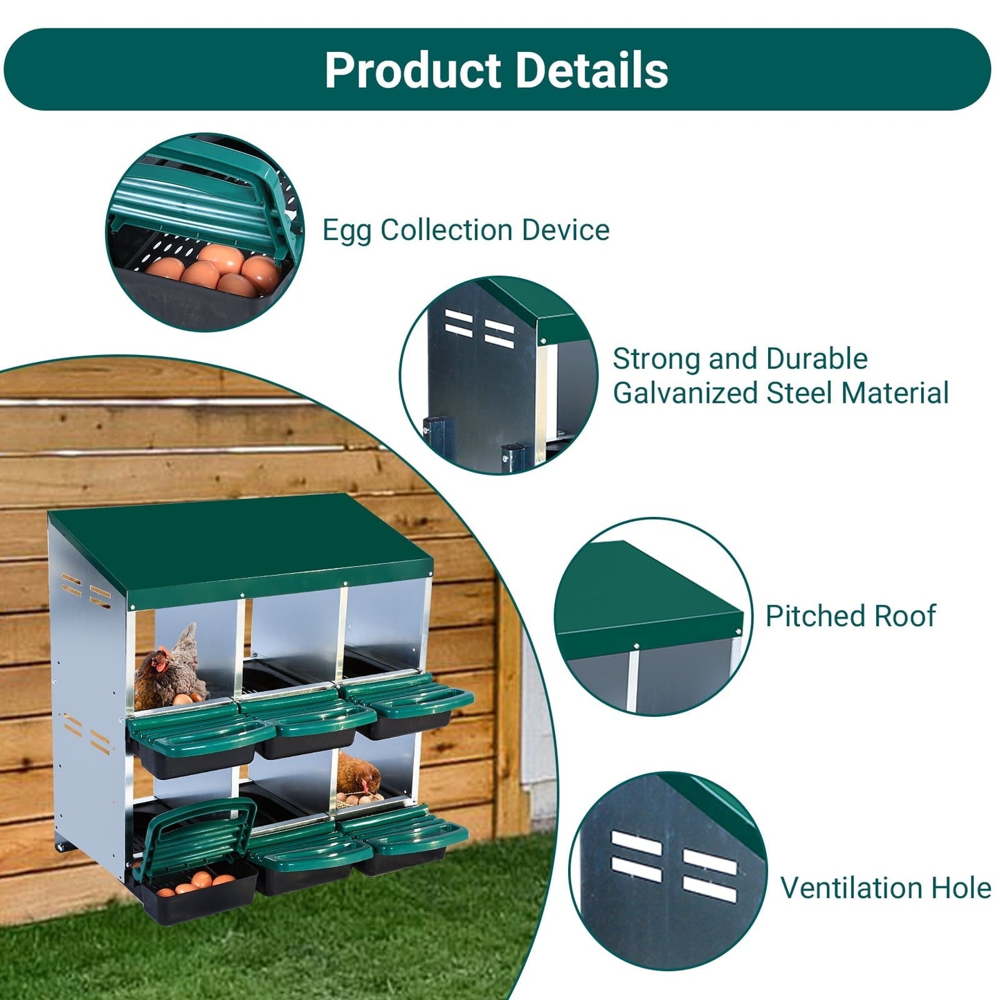 M optimized Chicken Nesting Box with 6 Compartments, Roll Away Laying Boxes for Hens, Lid Cover for Chicken Coop