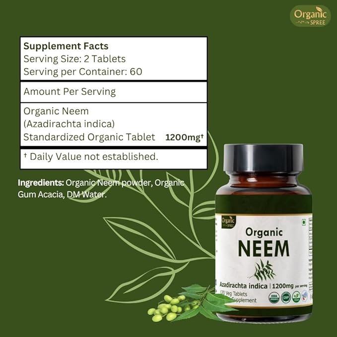 NEEM 120 Tablets | Azadirachta Indica (Neem) | USDA Organic Certified | Healthy Skin and Detox | Organic and Natural 120tab