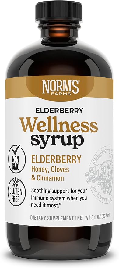 Norm's Farms Black Elderberry Wellness Syrup + Honey, Cinnamon, & Cloves - Natural Immune Support - Kosher, Gluten Free, Non-GMO - 8 Oz. Bottle