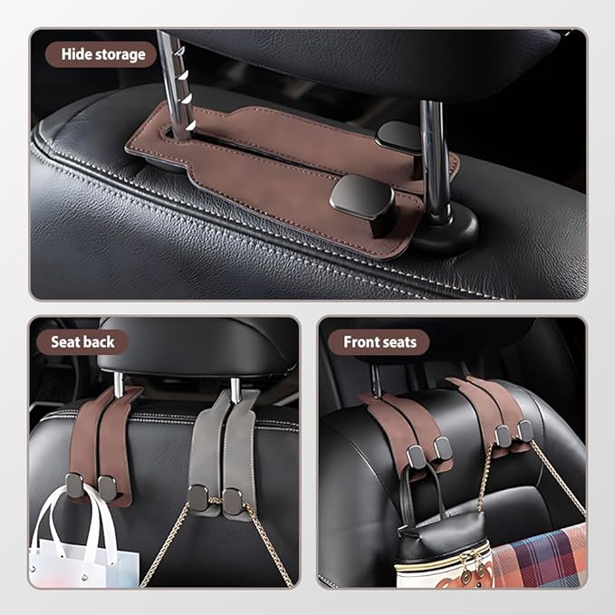 Car Seat Back Storage Hook, 2026 New Two Hook Fur Leather Seat Back Headrest Hanger Genuine Leather Double Metal Hook for Backseat Organizer, Car Organization Accessories (2, Brown)