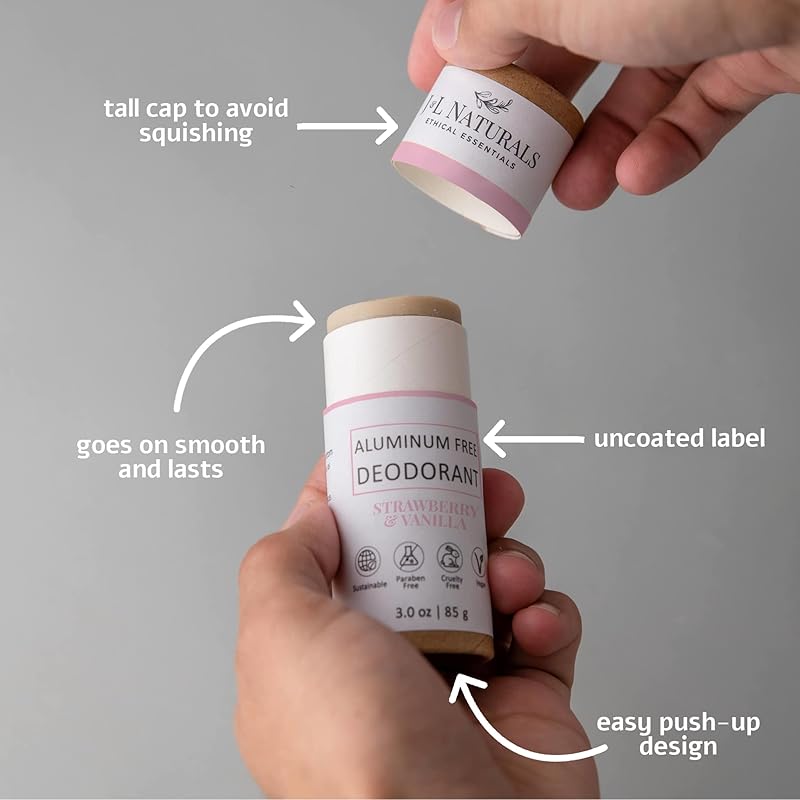 J&L Naturals Aluminum Free Deodorant for Men & Women | 100% Natural Ingredients With Coconut Oil, Shea Butter, & Essential Oils | Sustainable, Eco-Friendly (Strawberry & Vanilla, 3.0 Oz (Pack of 2))