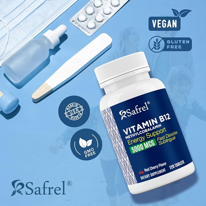 Safrel Vitamin B12 5000 mcg Methylcobalamin, 120 Fast Dissolve Tablets, Easy to Take Sublingual B12 Cherry Flavor, 120 Day Supply