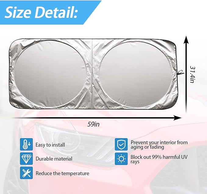 Foldable Windshield Sun Shade, Bonus Steering Wheel Sun Shield to Block UV Rays Keep Your Vehicle Cooler, Easy to Use Car Interior Accessories (Large)