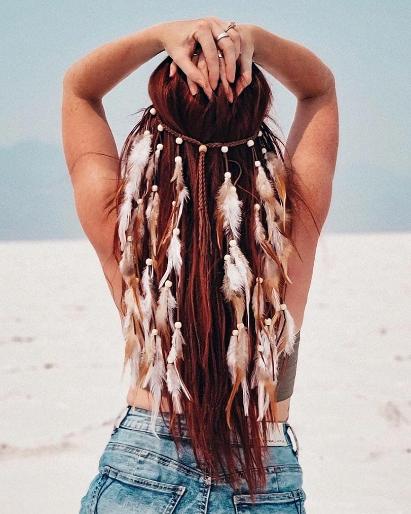Gangel Bohemian Feather Hairband Indian Gypsy Headband With White And Brown Feather Tassel Hemp Rope For Festival Masquerades Ca
