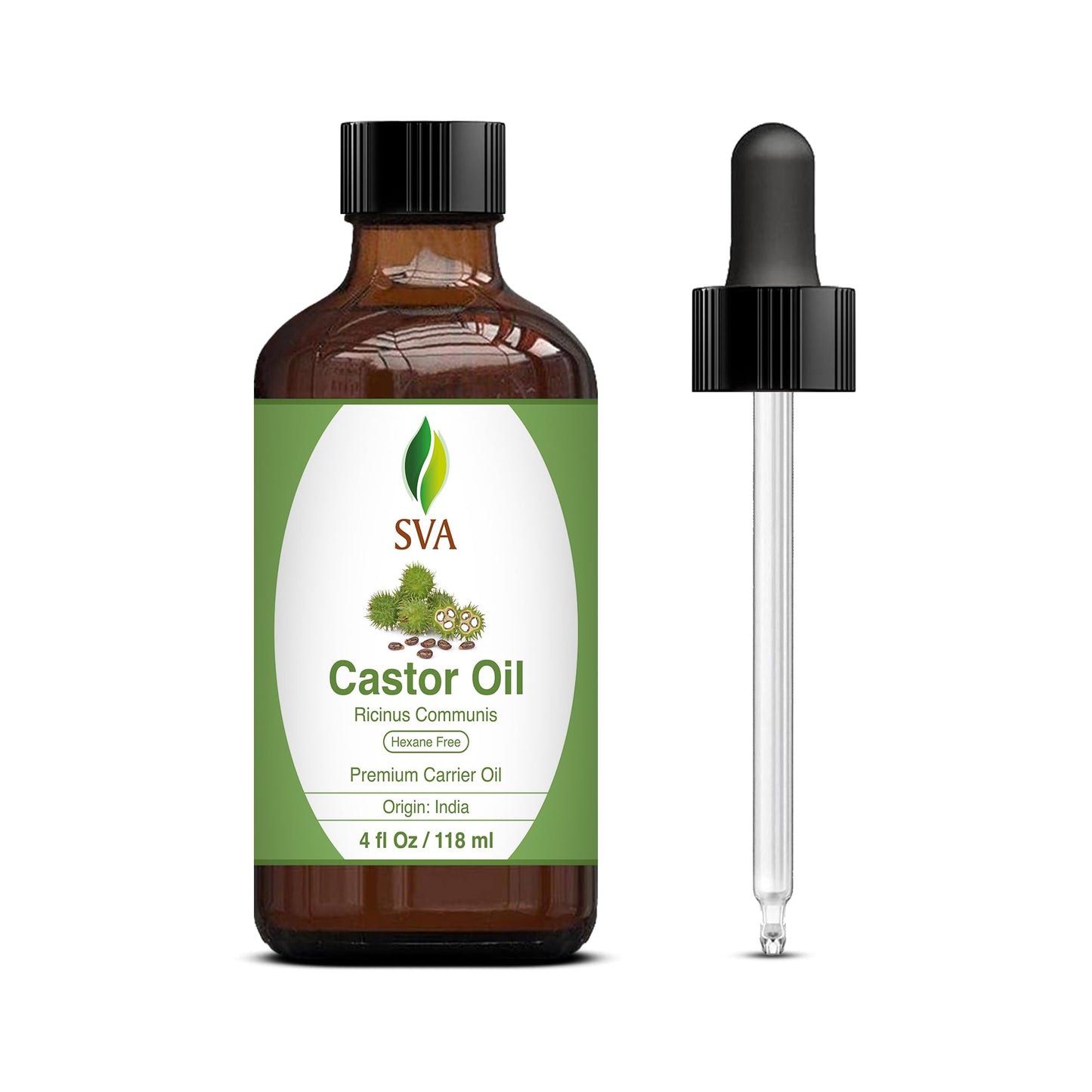 Sva Castor Oil 4 Oz (118 Ml) Premium Carrier Oil, Cold-Pressed, Hexane Free, With Dropper For Hair Care, Hair Oiling, Scalp Mass