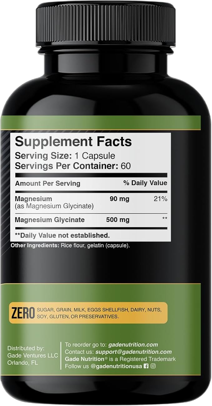 Gade Nutrition Pure Magnesium Glycinate | Magnesium Supplement as Calm Magnesium for Sleep | Magnesium Complex Supplement in Capsules Made wih Magnesium Glycinate Powder - or Calm Magnesium Powder