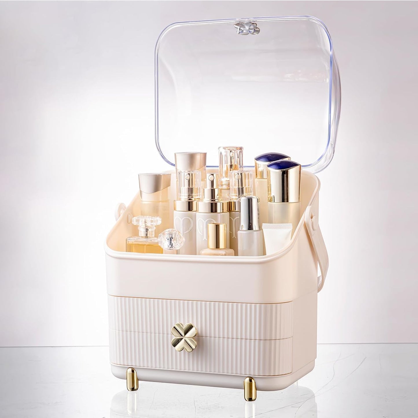 Preppy Makeup Organizer | 3-Tier Cosmetic Storage Box | Ivory White, Portable