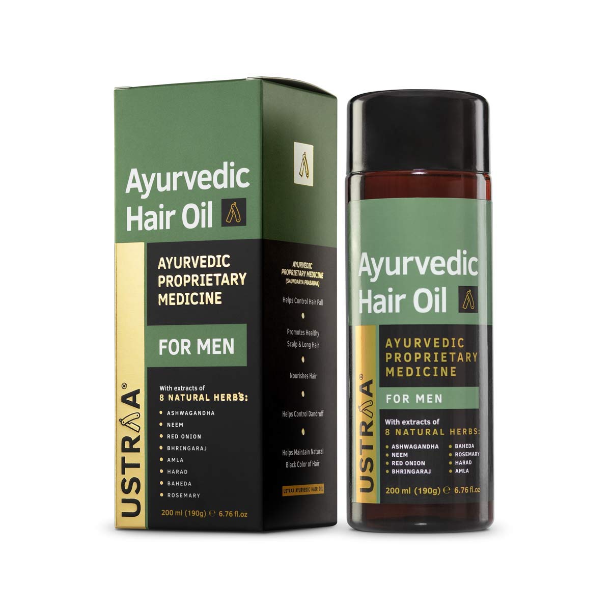Ustraa Ayurvedic Hair Oil 6.76 Fl oz - with 8 Natural Herb extracts, Controls hair fall, Fights Dandruff, Ayurvedic Nourishment