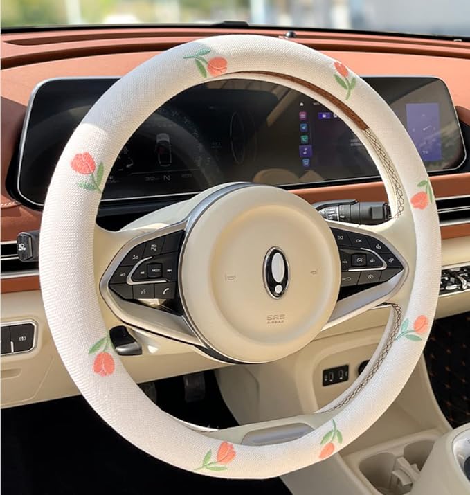 Wheel Cover Flax Microfiber Steering Wheel Covers for Women Fit 15 inch Car Cute Bow Tie Anti-Slip Breathable Absorbing Sweat Cover (Type-O-Bear)