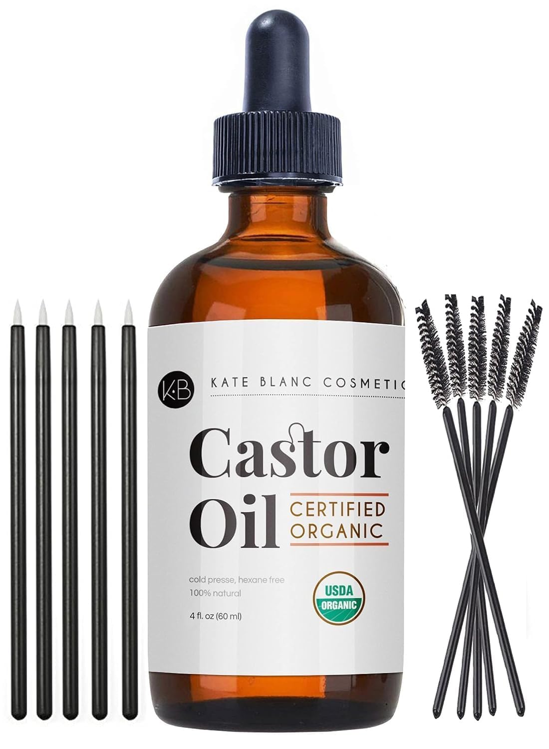 Kate Blanc Cosmetics Castor Oil Organic (4Oz), 100% Pure, Cold Pressed, Hexane Free. Natural Oil For Hair, Eyelashes, Eyebrows.