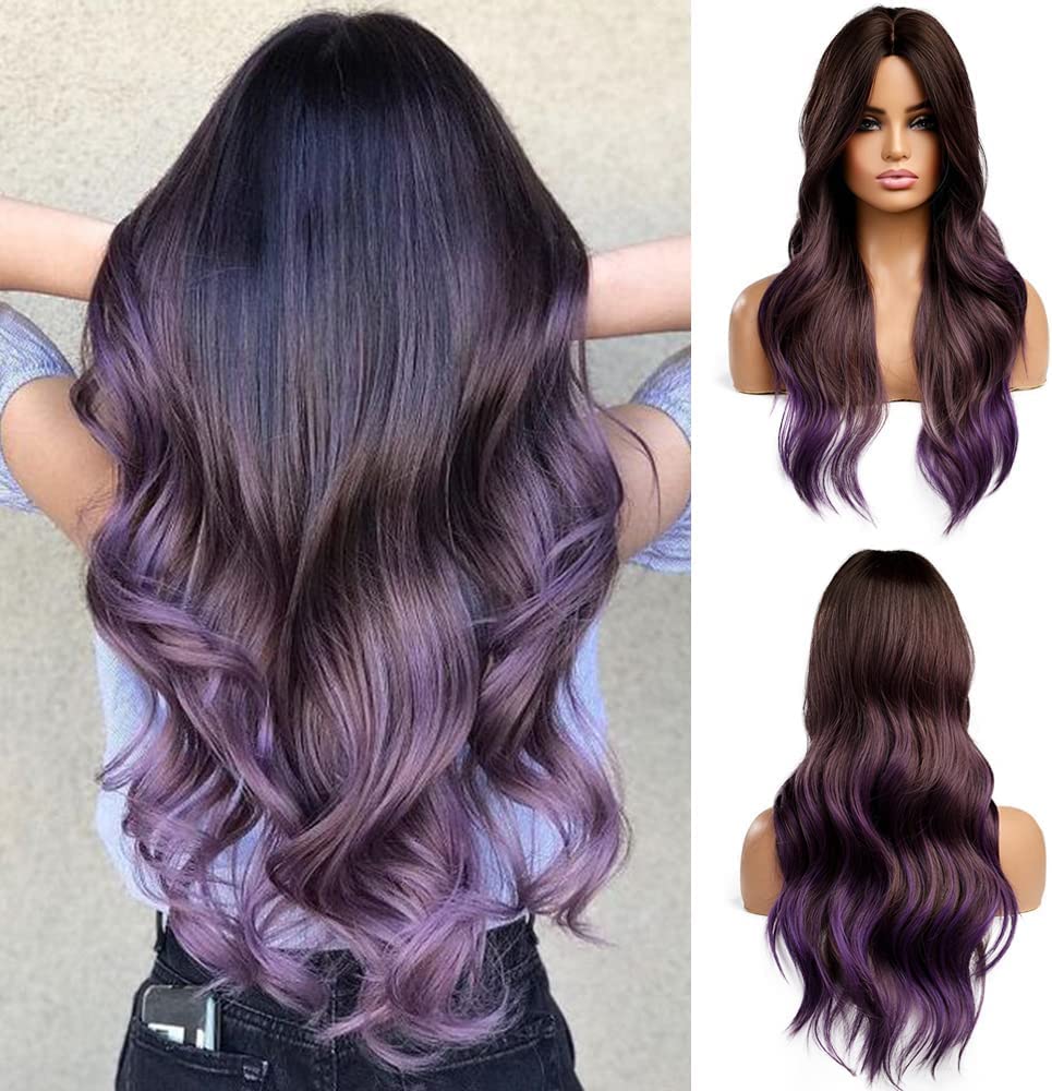 Esmee Purple Ladies Wigs,Natural Looking Long Wavy Wigs Right Side Parting Heat Resistant Fiber Wigs Roots For Women Daily Party