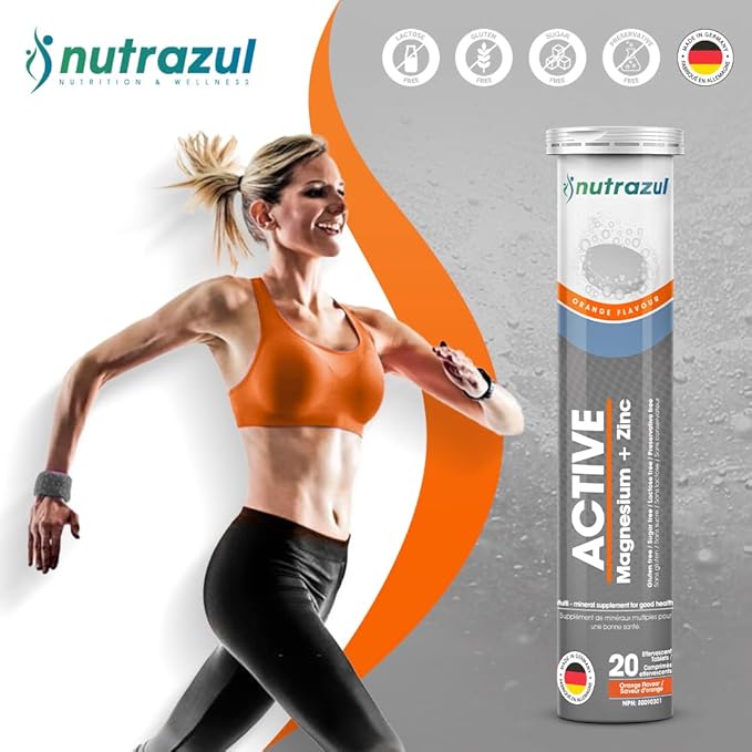 Nutrazul Active Magnesium and Zinc Effervescent Tablets | 60 Tablets | Magnesium Supplements for Muscle Recovery & Electrolyte Balance | Orange Flavor