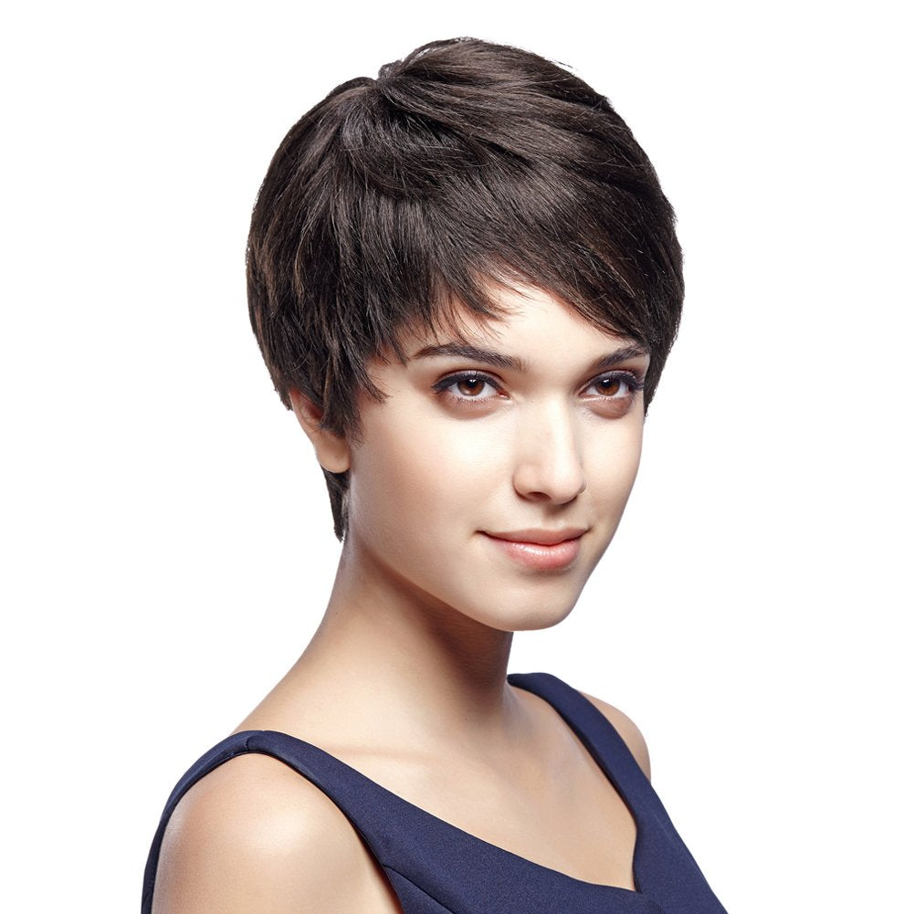 Style Icon 5'' Cute Short Pixie Wigs With 100% Brazilian Hair (Natural Dark Brown, Side Swept Bangs) - Pixie Cut Wigs For Women
