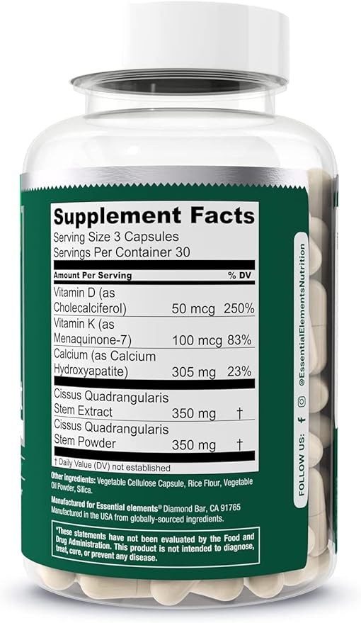Essential Elements Bone Boost Bone Health Supplement - Bone Support and Calcium Supplement with Vitamin D 3, K2, Cissus Quadrangularis for Bone Strength - 90 Capsules (30 Day Supply)
