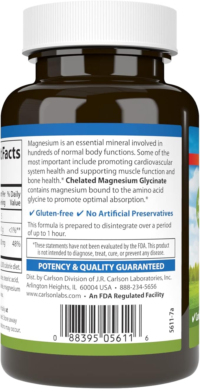 Carlson - Chelated Magnesium, 200 mg - Superior Absorption, Heart & Muscle Function, Bone Support, 90 tablets