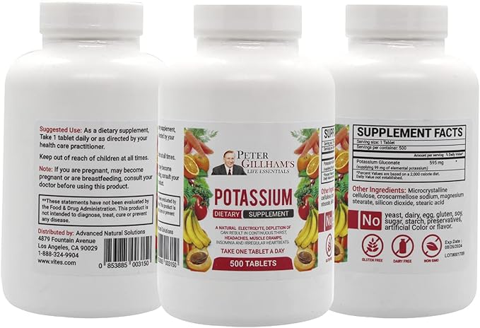 Peter Gillham’s Life Essentials Potassium Gluconate tablets 595mg, 500 Tablets, Support Electrolyte Balance, Made in USA (Package May Vary)