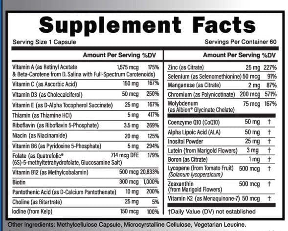 Methylated Multivitamin, 27 Nutrients CoQ10, Vitamins A, B6, B12, C, D3, E, K2, Choline, Zeaxanthin, L-Methylfolate 60 Capsules (3 Pack)