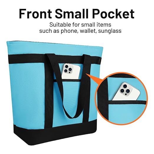 CIVJET 2PK Insulated Grocery Tote Bags, Large Reusable Cooler Bags with Zipper, Leakproof Thermal Shopping Bags for Food Delivery, Beach, Travel, for Uber Eats & Picnic, Collapsible, Blue